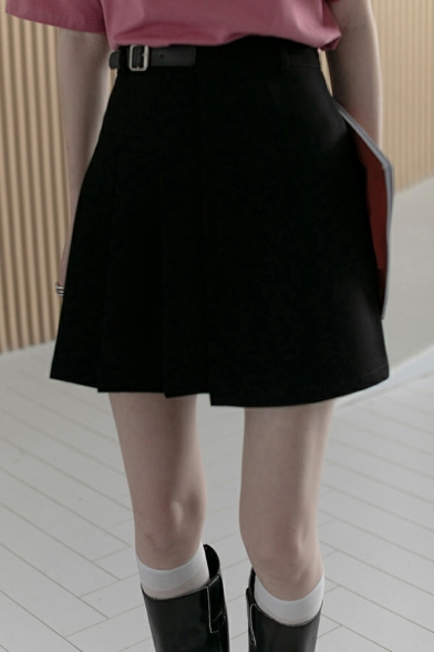 Boyish Whole Colored High Rise Belt Design Mini Pleated Skirt for Ladies