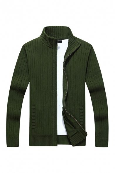 Mens Street Style Solid Color Long Sleeved Regular Fit Stand Collar Zip Placket Cardigan