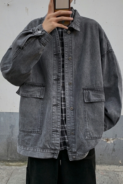 Modern Pure Color Pocket Long Sleeves Spread Collar Oversized Denim Jacket for Men