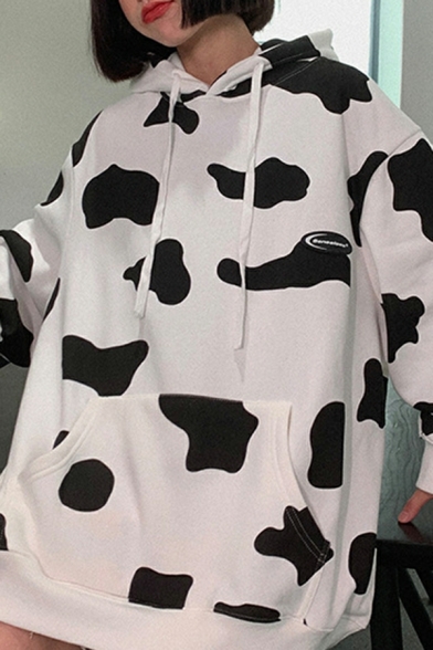 Novelty Girls Cow Printed Big Pocket Long Sleeve Oversized Hooded Drawstring Hoodie