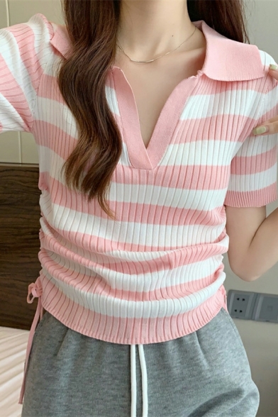 Retro Women Striped Pattern V Neck Short-sleeved Crop Polo Shirt