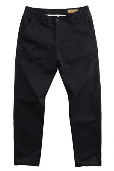 Basic Solid Color Mid Rise Full Length Regular Fitted Zip Closure Pants for Guys