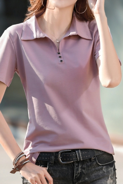 Chic Women Pure Color Short Sleeve Spread Collar Button Design Fitted Polo Shirt