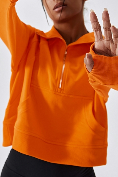 Cool Women Whole Colored Long Sleeves Spread Collar Regular Fit Zipper Sweatshirt