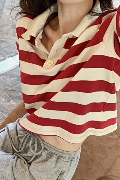 Ladies Stylish Striped Printed Short Sleeves Button Design Spread Collar Polo Shirt