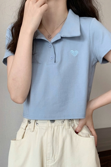 Original Ladies Heart Pattern Button Short Sleeves Turn-down Collar Polo Shirt