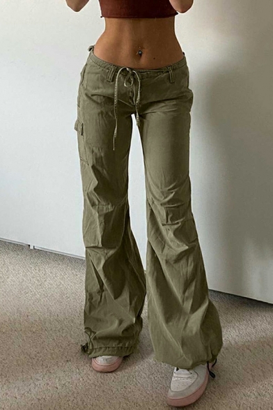 Street Style Pure Color Pocket Mid Rise Full Length Drawcord Baggy Pants for Ladies