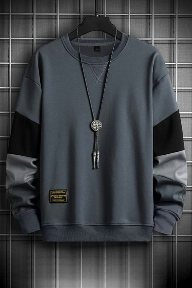 Classic Men Contrast Color Long Sleeves Round Neck Loose Fit Pullover Sweatshirt