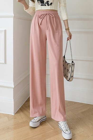 Fashion Ladies Solid Color High Rise Straight Long Length Drawstring Waist Pants