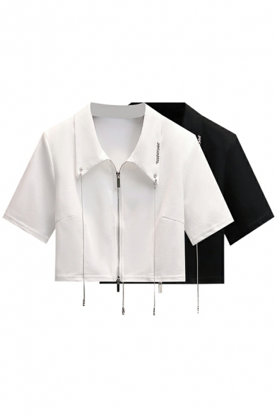 Girls Street Look Spread Collar Pure Color Short Sleeves Zip-up Crop Polo Shirt