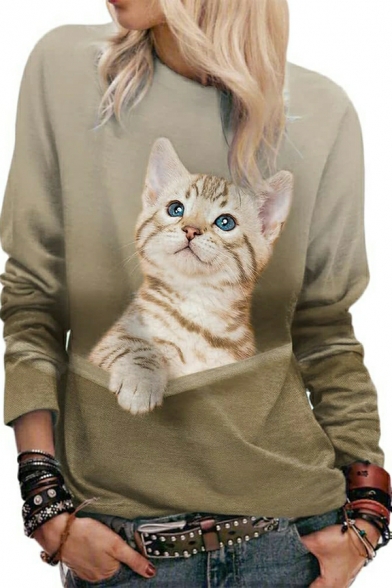 Ladies Hot 3D Cat Print Long-Sleeved Regular Fit Crew Collar Pullover Sweatshirt