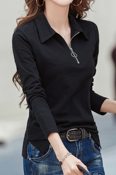 Ladies Stylish Whole Colored Long Sleeves Zip Closure Turn-down Collar Polo Shirt