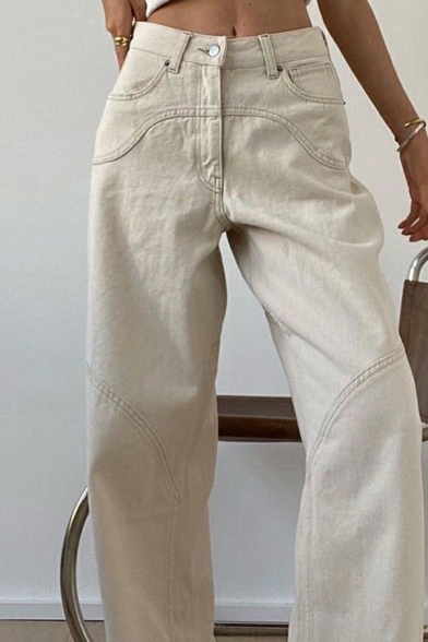 Simple Pocket Solid Mid Rise Full Length Button down Loose Fit Pants for Ladies