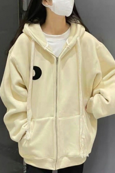 Simple Solid Pocket Long Sleeve Fitted Hooded Drawstring Zipper Hoodie for Women