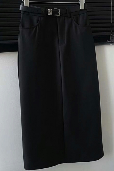 Women Urban Whole Colored Pocket Detail Maxi Length High Rise Zip Placket A-Line Skirt