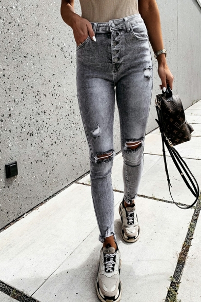 Boyish Plain Broken Hole High Rise Full Length Zip Closure Jeans for Ladies
