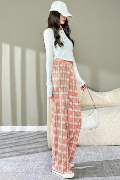 Cool Pocket Checked Print Elastic Waist Oversized High Rise Long Length Pants for Women