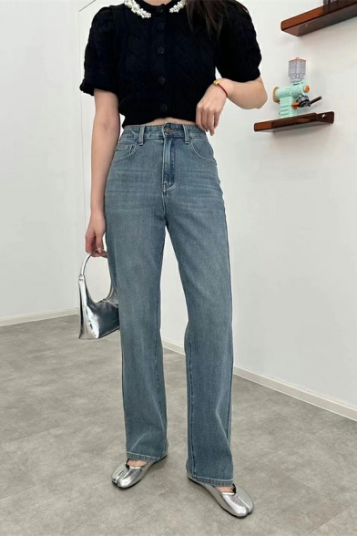 Dashing Ladies Solid Color High Waist Straight Long Length Pocket Zipper Jeans