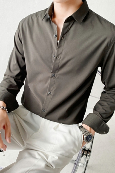 Elegant Solid Color Turn-down Collar Regular Long-Sleeved Button Down Shirt for Boys
