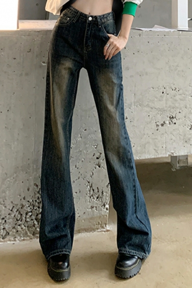 Girls Unique Pure Color Pocket Long Length High Rise Zip down Bootcut Jeans