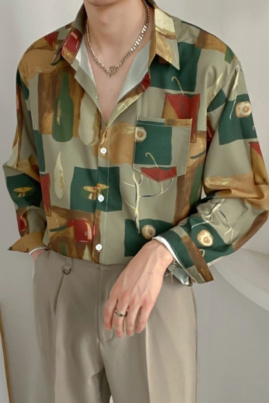 Retro Mens Color Block Baggy Turn-down Collar Long Sleeve Button Closure Shirt