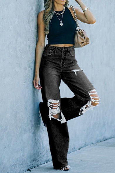 Simple Pure Color Pocket High Waist Long Length Ripped Jeans for Women