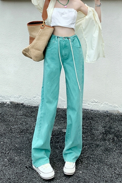 Trendy Plain Drawstring Long Length Pocket Loose Zip Placket Jeans for Girls