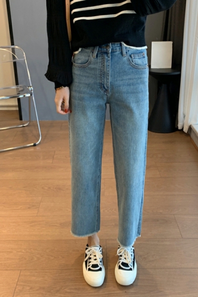 Women Urban Pure Color Pocket Ankle Length Regular Pocket Zipper Jeans