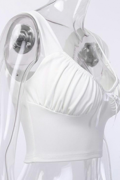Cozy Plain V-neck Sleeveless Bow Design Skinny Cropped Tank Top for Ladies
