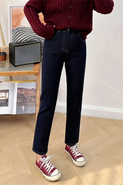 Fashion Girls Solid Color Pocket Regular Ankle Length High Rise Zip Fly Jeans