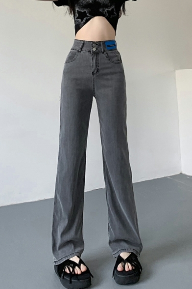 Girls Elegant Solid Pocket Straight Full Length High Rise Zip Fly Jeans
