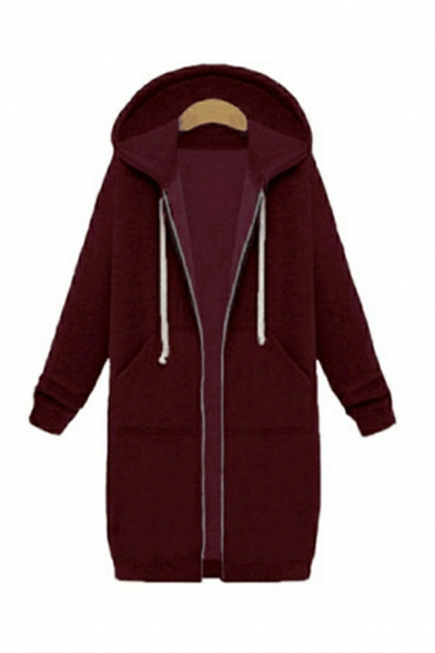 Retro Plain Pocket Design Long Sleeves Hooded Drawstring Longline Zip-up Hoodie for Girls