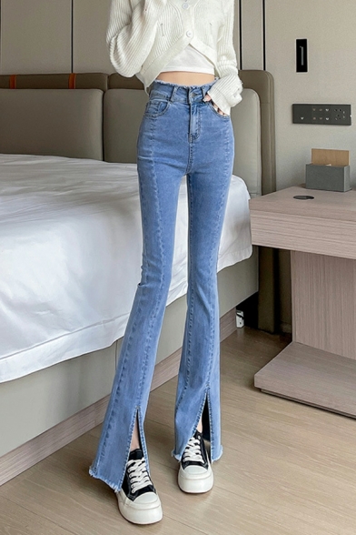 Boyish Plain Split Front High Rise Full Length Zip Closure Bootcut Jeans for Ladies