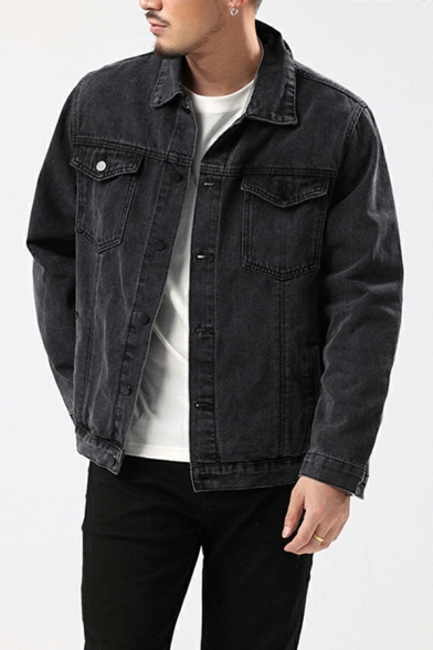 Fashionable Men Pure Color Pocket Long Sleeve Spread Collar Fitted Button Fly Denim Jacket