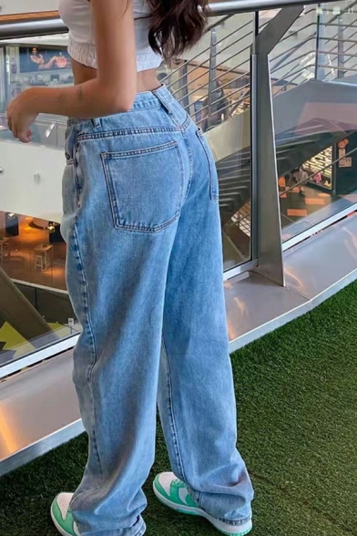 Street Style Women Plain Pocket Long Length Mid Rise Zip Fly Jeans