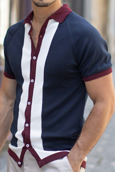 Vintage Boy's Contrast Color Spread Collar Regular Fit Short Sleeve Button Up Shirt
