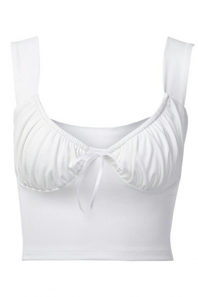 Cozy Plain V-neck Sleeveless Bow Design Skinny Cropped Tank Top for Ladies