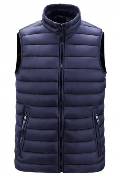 Fashionable Mens Solid Pocket Designed Sleeveless Regular Fitted Stand Neck Zip Fly Vest