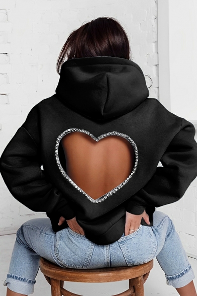 Freestyle Heart Print Long Sleeve Hooded Rhinestones Detail Hoodie for Girls