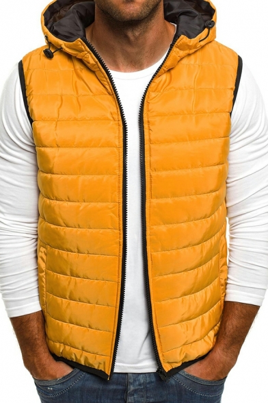 Guy's Novelty Solid Color Hooded Sleeveless Pocket Detail Zip Closure Vest