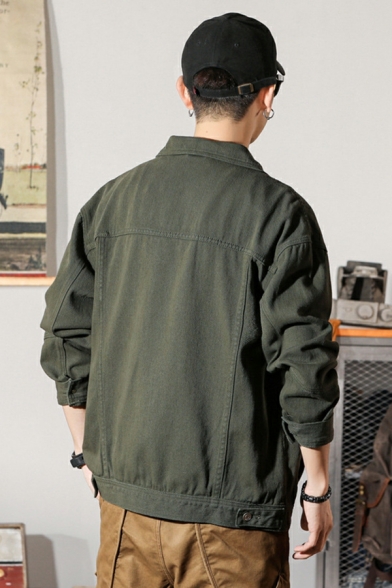 Guys Leisure Plain Spread Collar Pocket Long-Sleeved Button Placket Denim Jacket