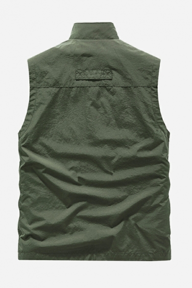 Leisure Men Plain Stand Collar Pocket Decoration Regular Fit Zipper Vest
