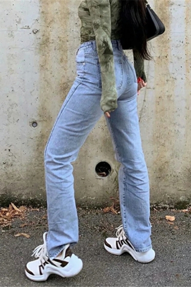 Dashing Ladies Solid Color Split Front Straight Long Length Pocket Zipper Jeans