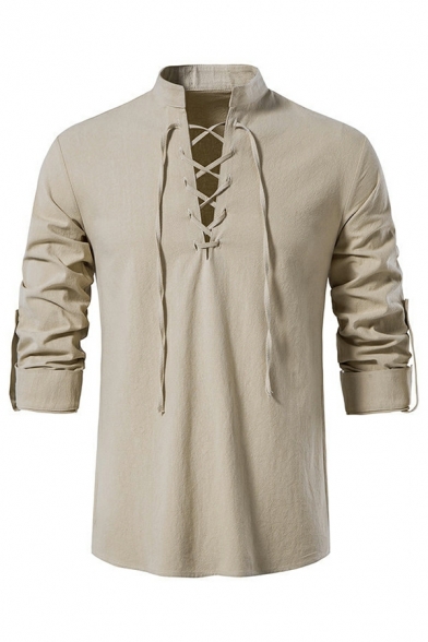 Men Street Style Plain Stand Collar Long Sleeves Fitted Lace-up Front Shirt