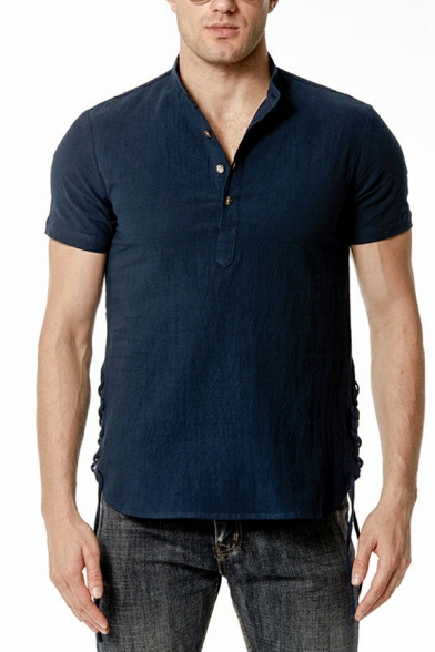 Men Street Style Solid Crew Collar Short Sleeves Slim Half Button Placket Shirt