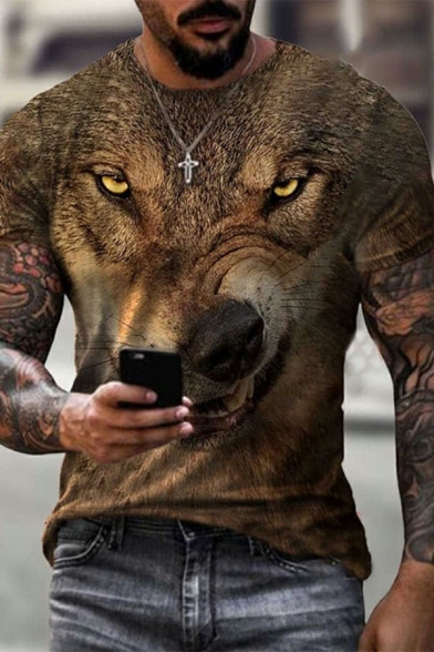 Modern Men 3D Wolf Printed Regular Crew Collar Short Sleeves Tee Shirt