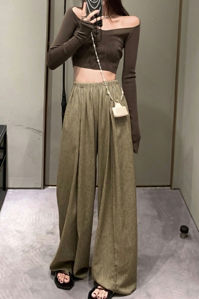 Retro Girls Pure Color High Rise Elastic Waist Full Length Loose Fit Straight Pants