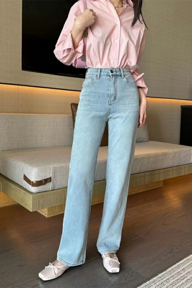 Dashing Ladies Solid Color High Waist Straight Long Length Pocket Zipper Jeans