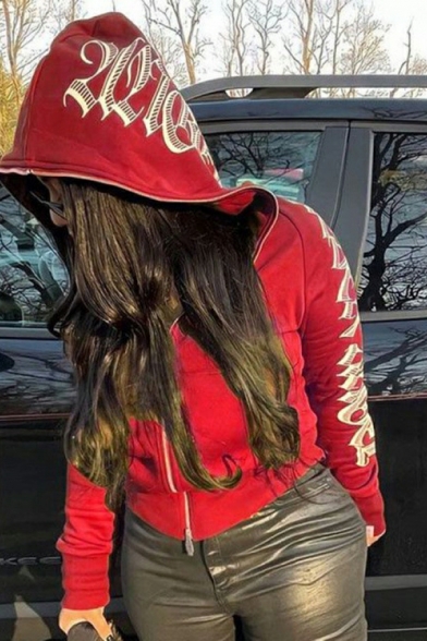 Hot Girl's Letter Pattern Regular Fit Long-Sleeved Hooded Zip Placket Hoodie