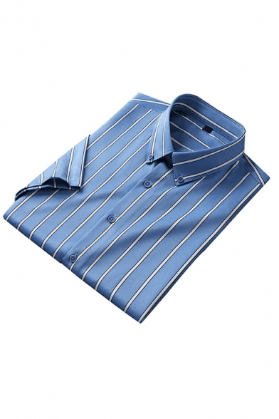 Modern Striped Print Short Sleeves Point Collar Regular Button-up Shirt for Men